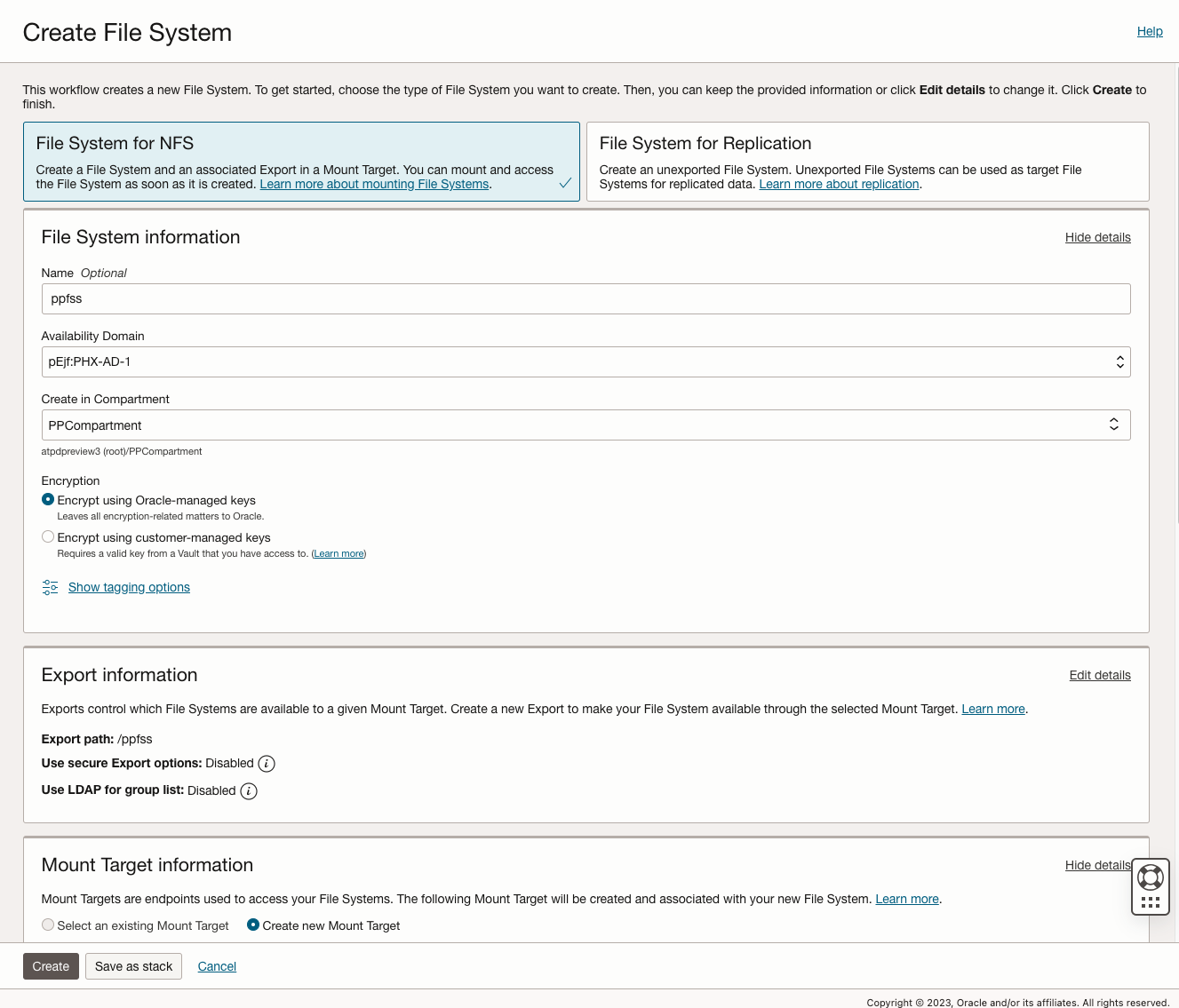 Create File System in OCI File Storage Service