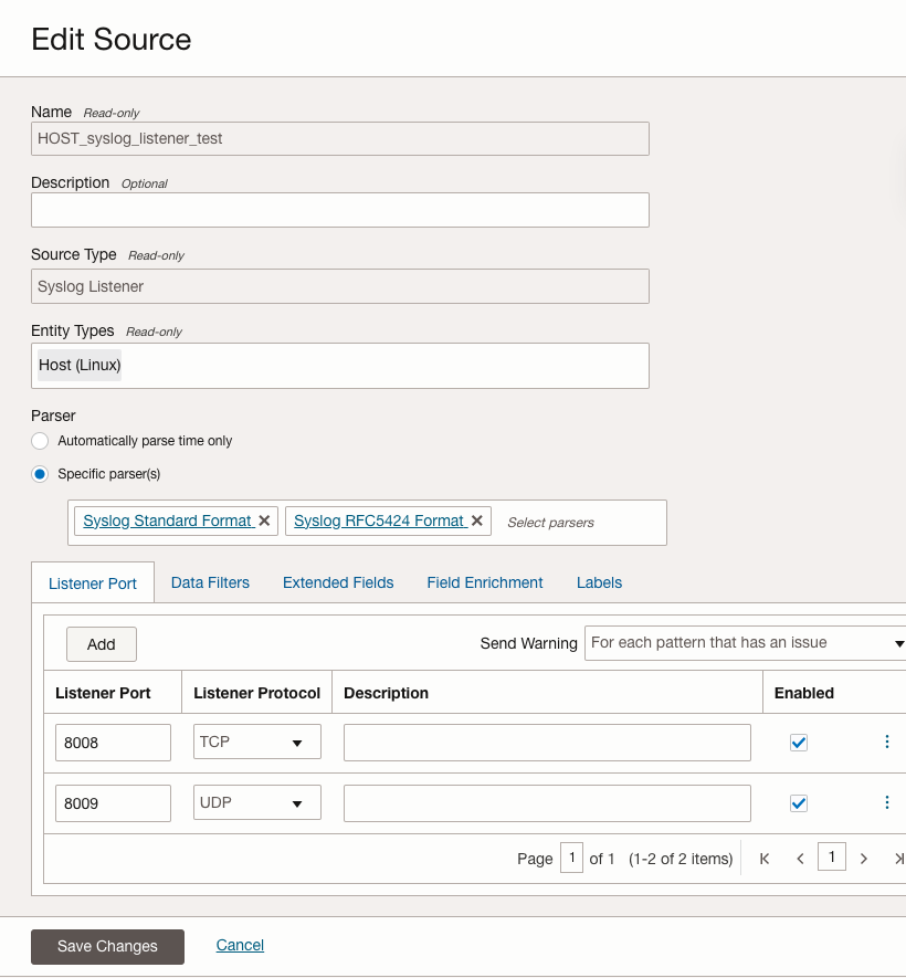 OCI Logging Analytics syslog listener log source