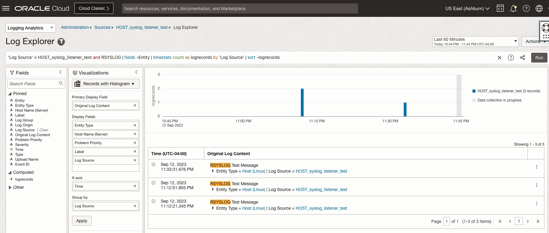 Visualize syslog data in OCI Logging Analytics