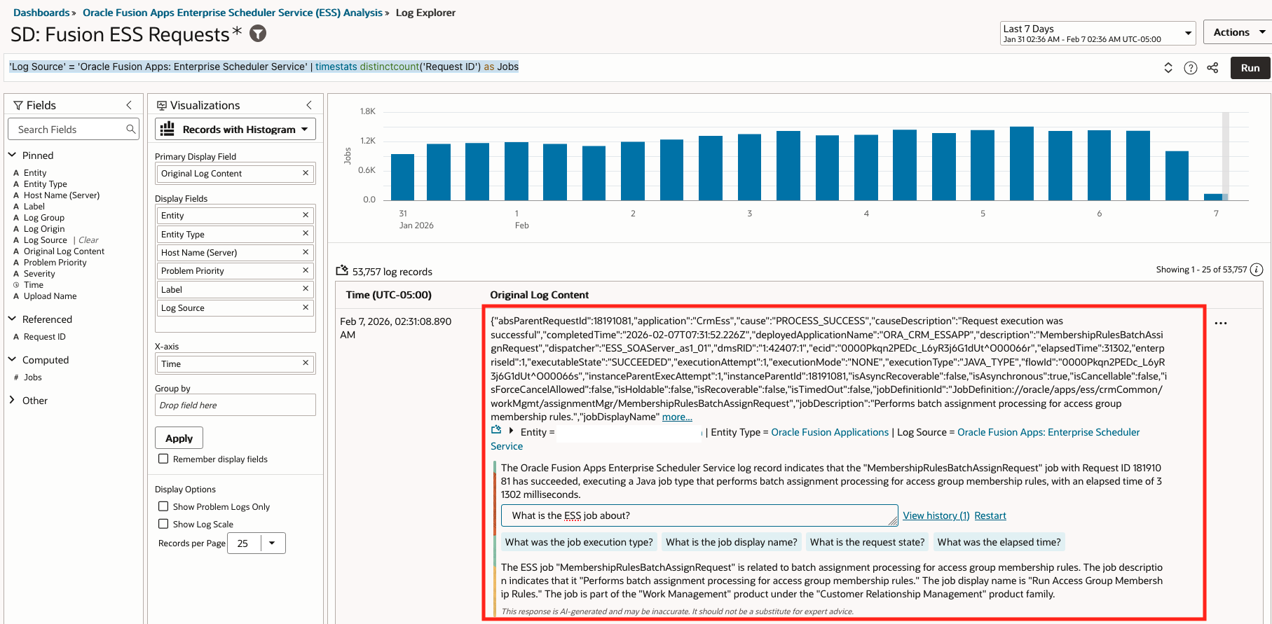 LoganAI Explain Single Log Job Request details