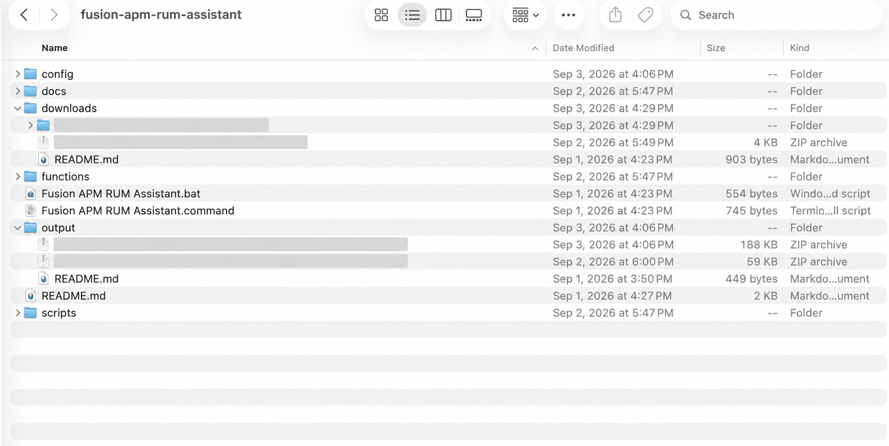 Fusion APM RUM Assistant folder showing the launchers, downloads folder, and output folder