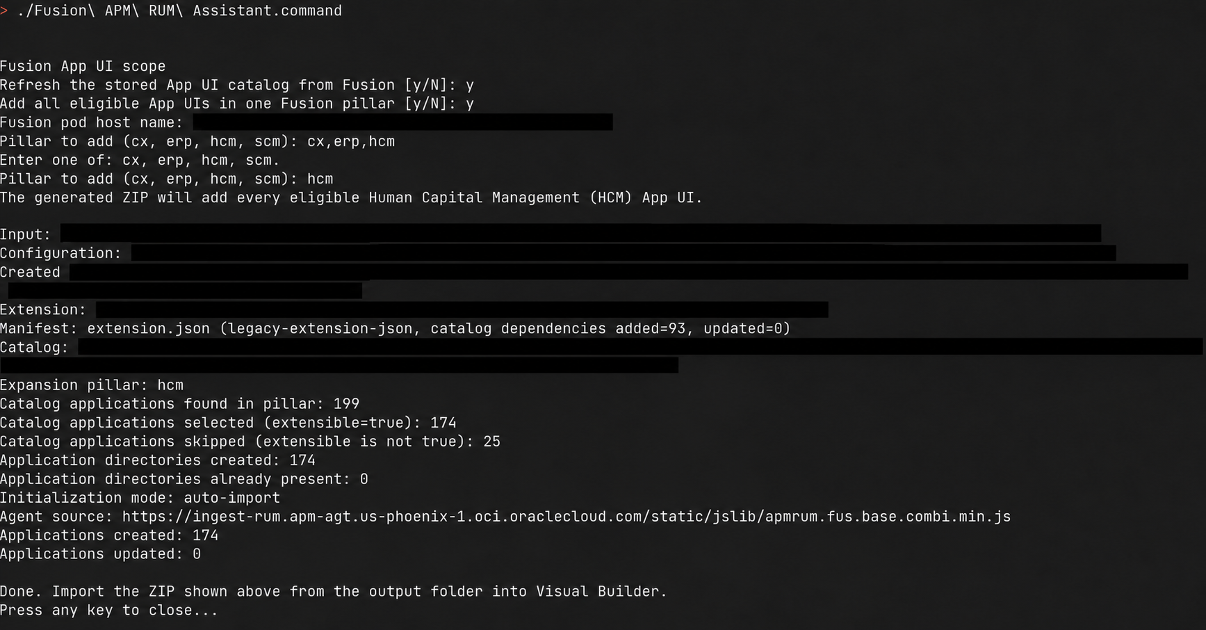 Fusion APM RUM Assistant terminal summary showing a successful HCM pillar-expansion packaging run