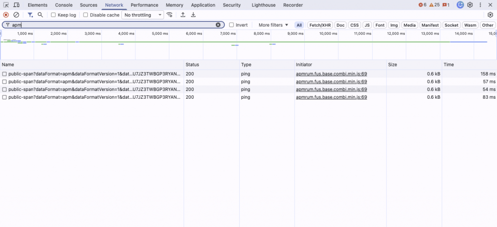 Verify the APM upload response in the browser Network tab