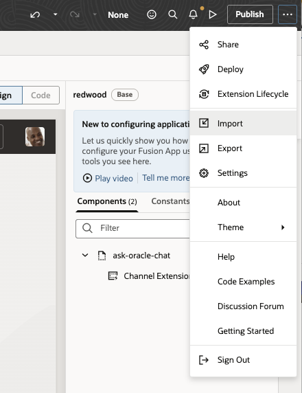Import the generated APM RUM ZIP into the Visual Builder workspace