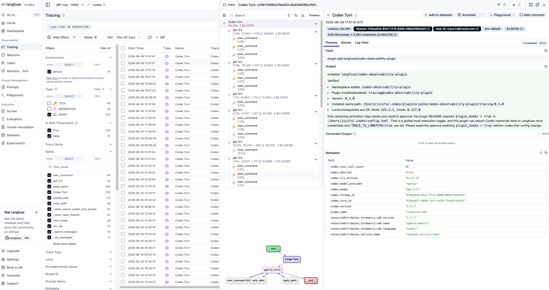 Langfuse trace detail showing a Codex Turn output and structured span metadata such as model, tokens, and version tags