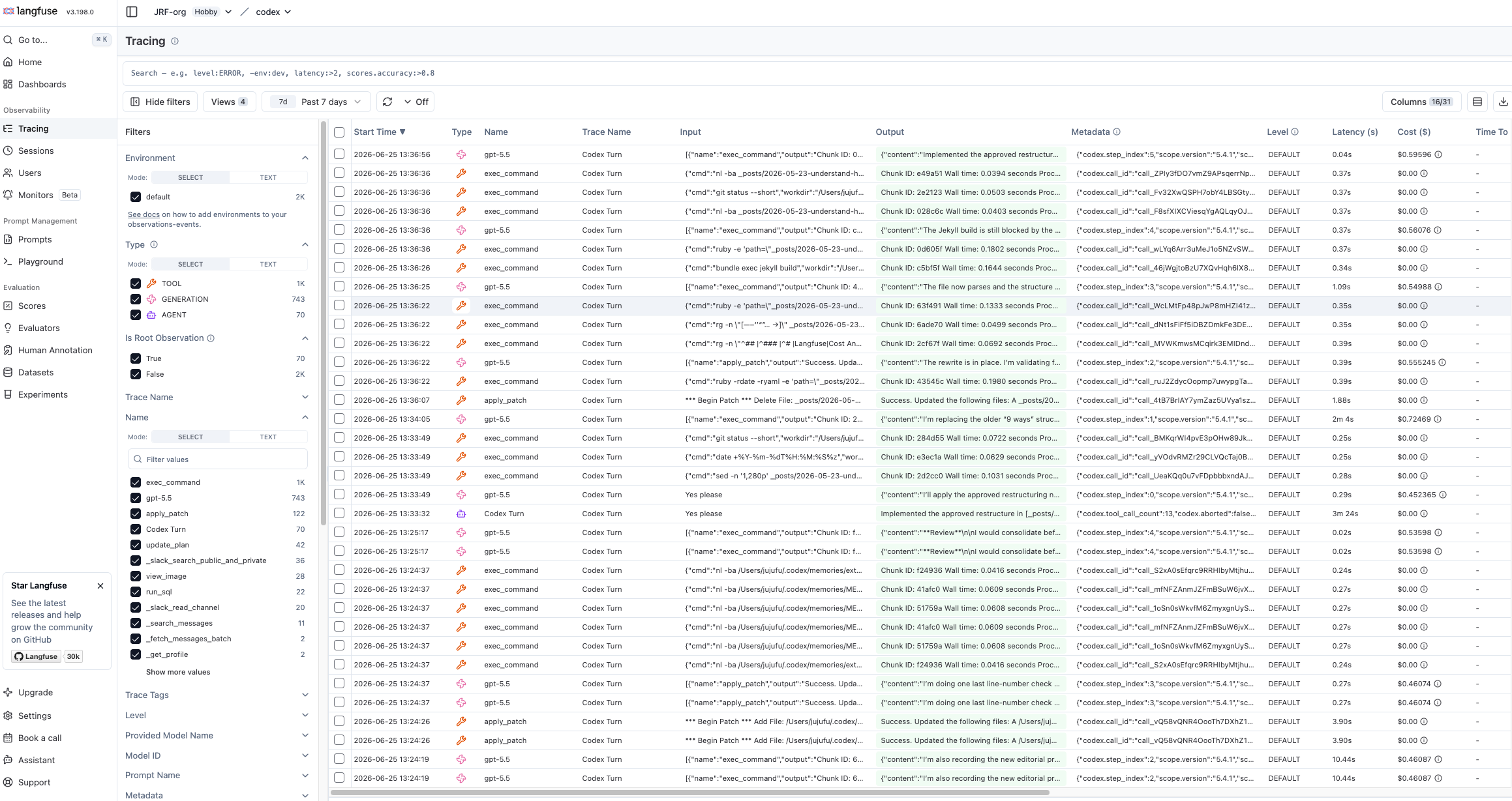 Langfuse Tracing list view showing Codex agent runs with latency, cost, and token usage columns