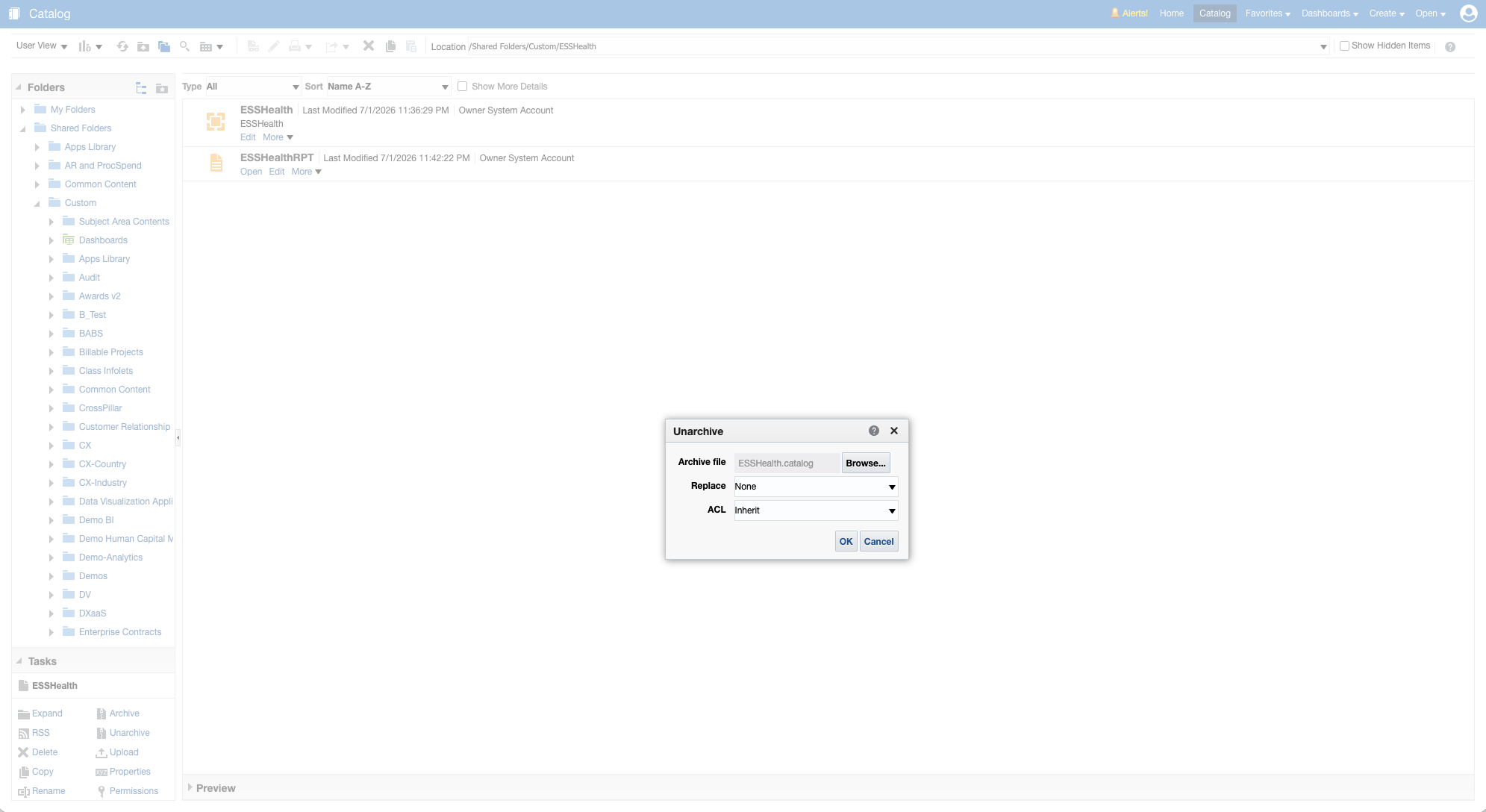 Figure 3: Select ESSHealth.catalog in the BI Publisher Unarchive dialog