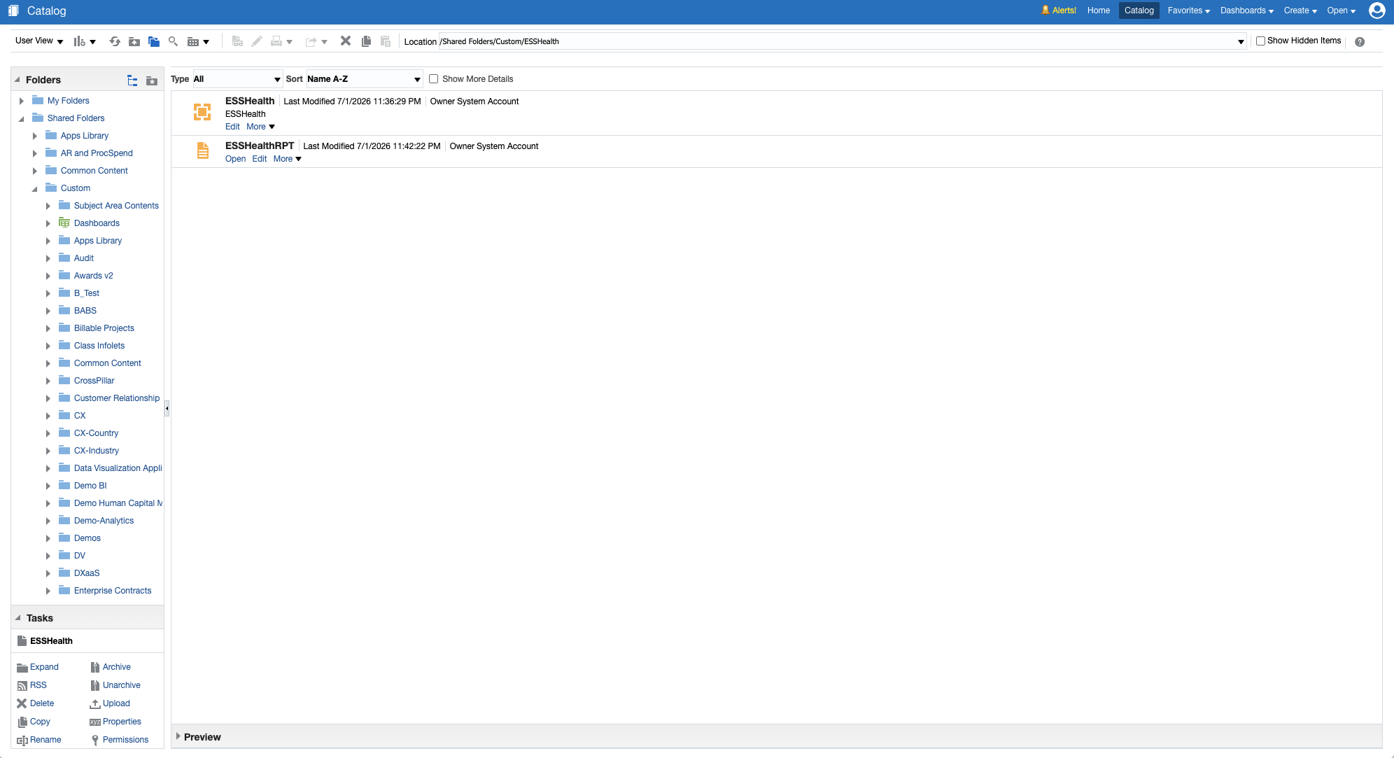 Figure 4: Verify the ESSHealth data model and ESSHealthRPT report under the imported catalog folder
