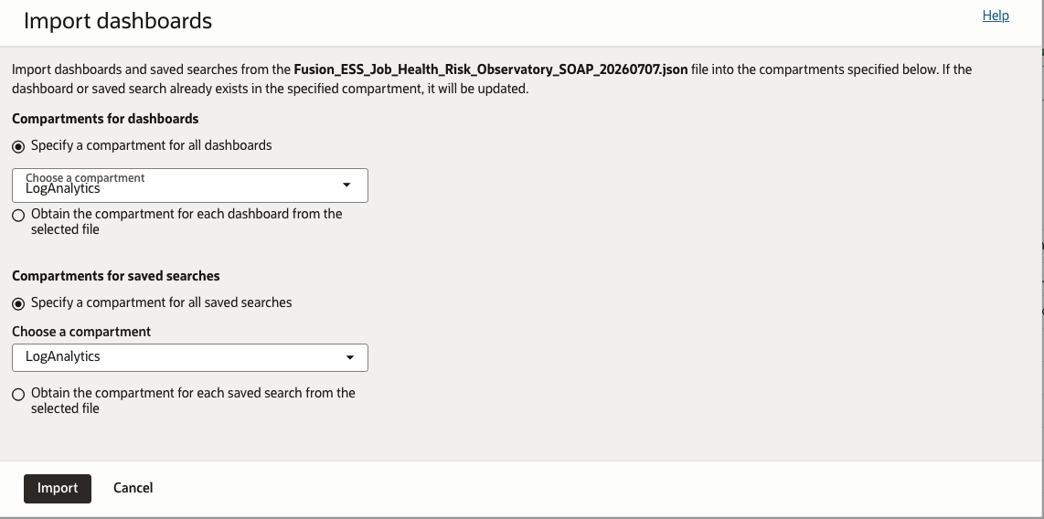 Figure 9: Select the dashboard and saved-search compartments before importing the ESS Job Health and Risk Observatory