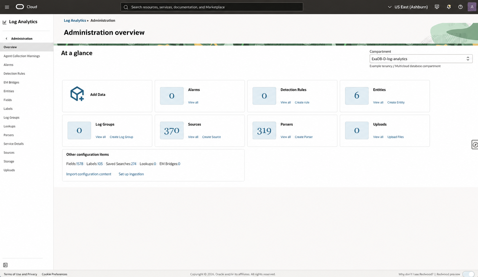 Public-safe OCI Log Analytics Administration overview showing the Add Data entry point.