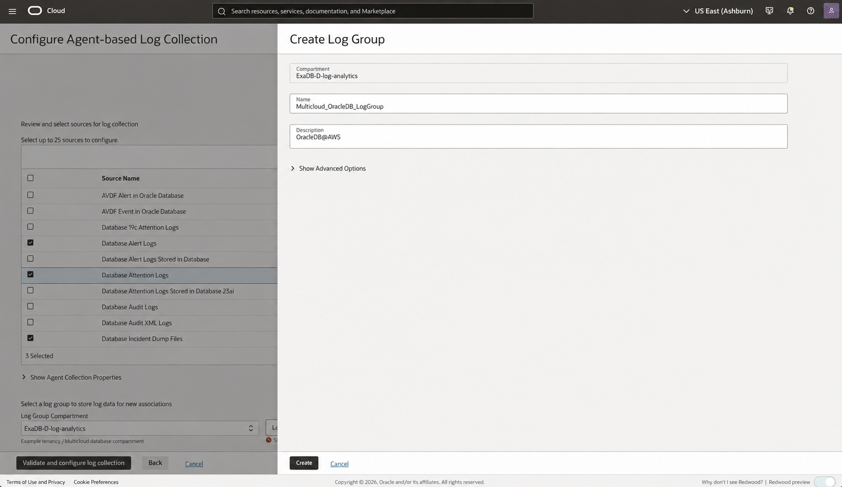 Public-safe Create Log Group dialog for the Oracle Database at AWS collection workflow.