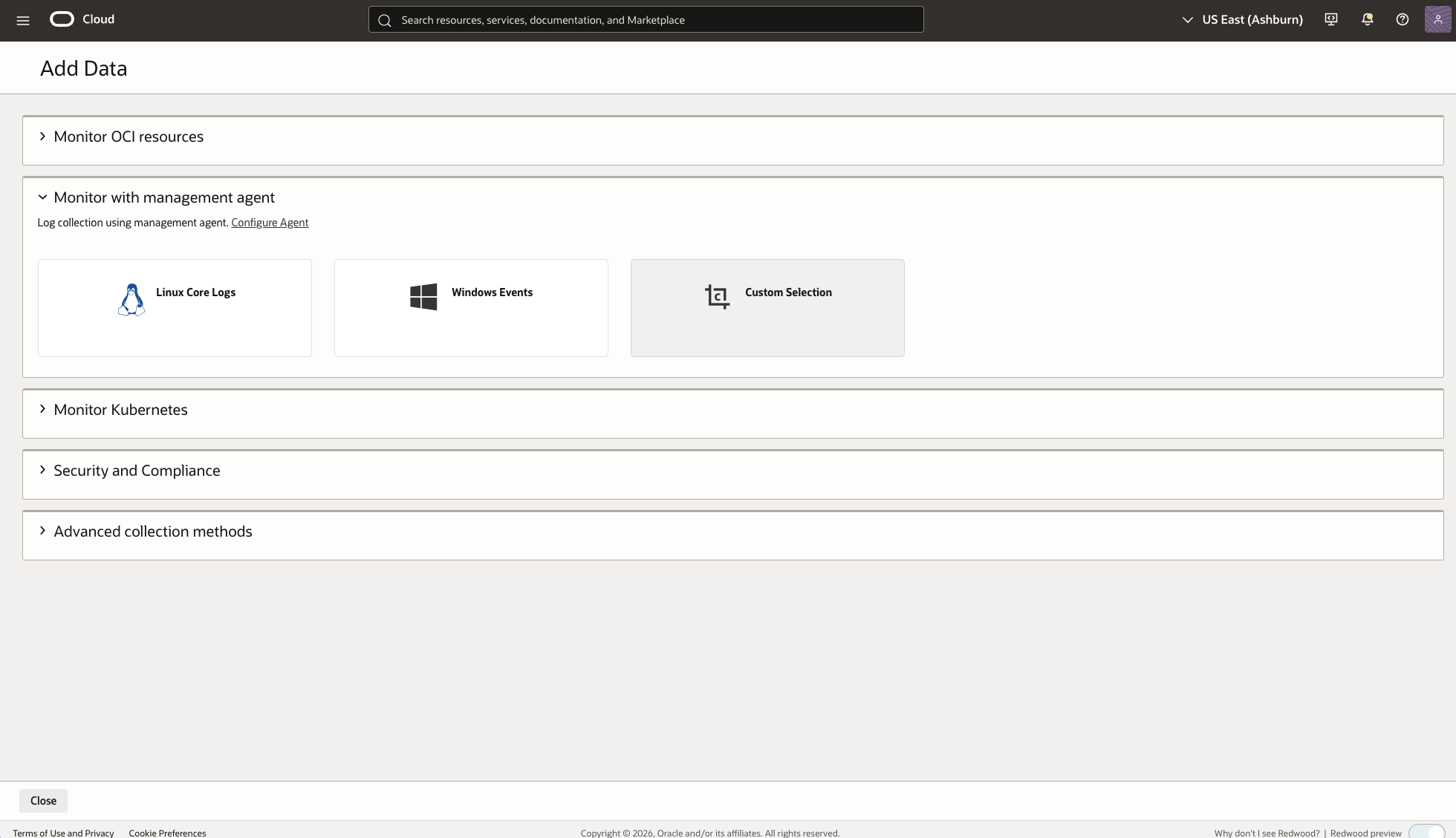 OCI Log Analytics Add Data page with Custom Selection under Monitor with management agent.
