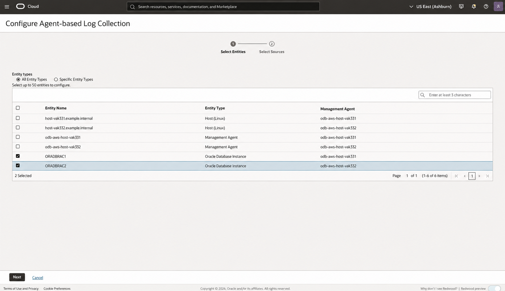 Public-safe Configure Agent-based Log Collection page with ORADBRAC1 and ORADBRAC2 selected.