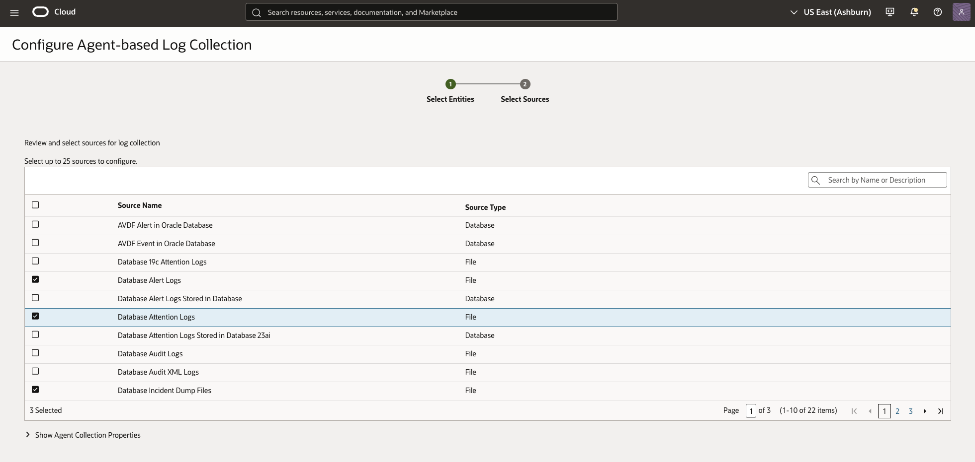 Configure Agent-based Log Collection source selection showing Database Alert Logs and two optional diagnostic sources.