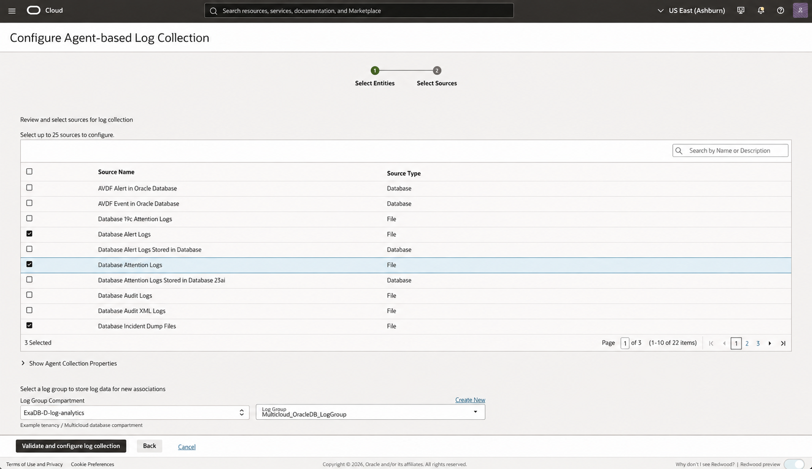 Public-safe Configure Agent-based Log Collection page ready to validate and configure the selected associations.