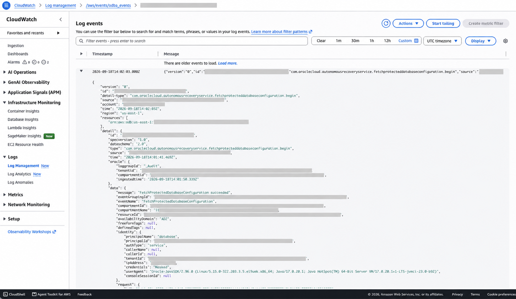 Oracle Database@AWS service event in the CloudWatch odba_events log group.