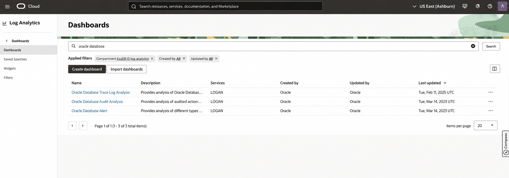 Public-safe OCI Log Analytics Dashboards listing filtered for Oracle Database dashboards.