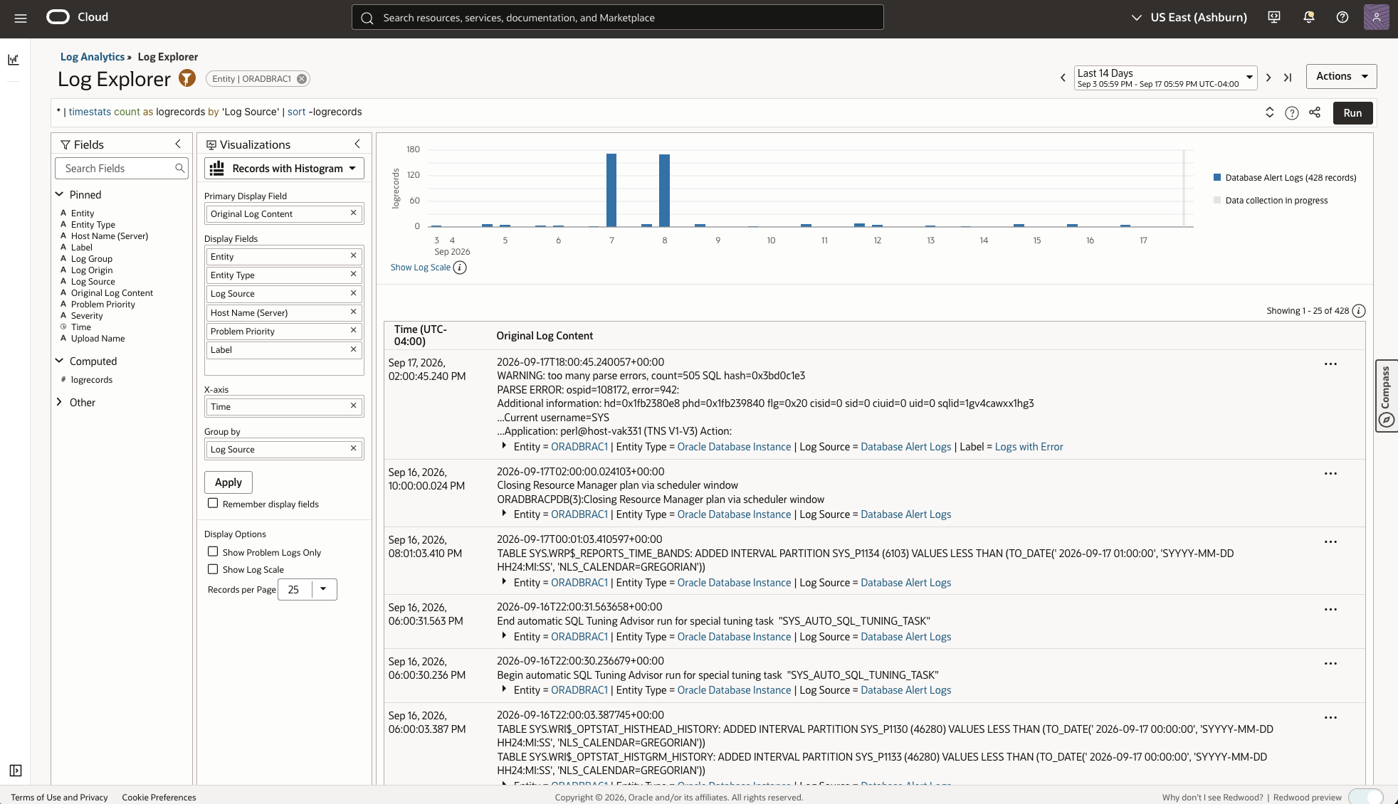 OCI Log Analytics Log Explorer showing Database Alert Logs collected for the ORADBRAC1 Oracle Database Instance entity.
