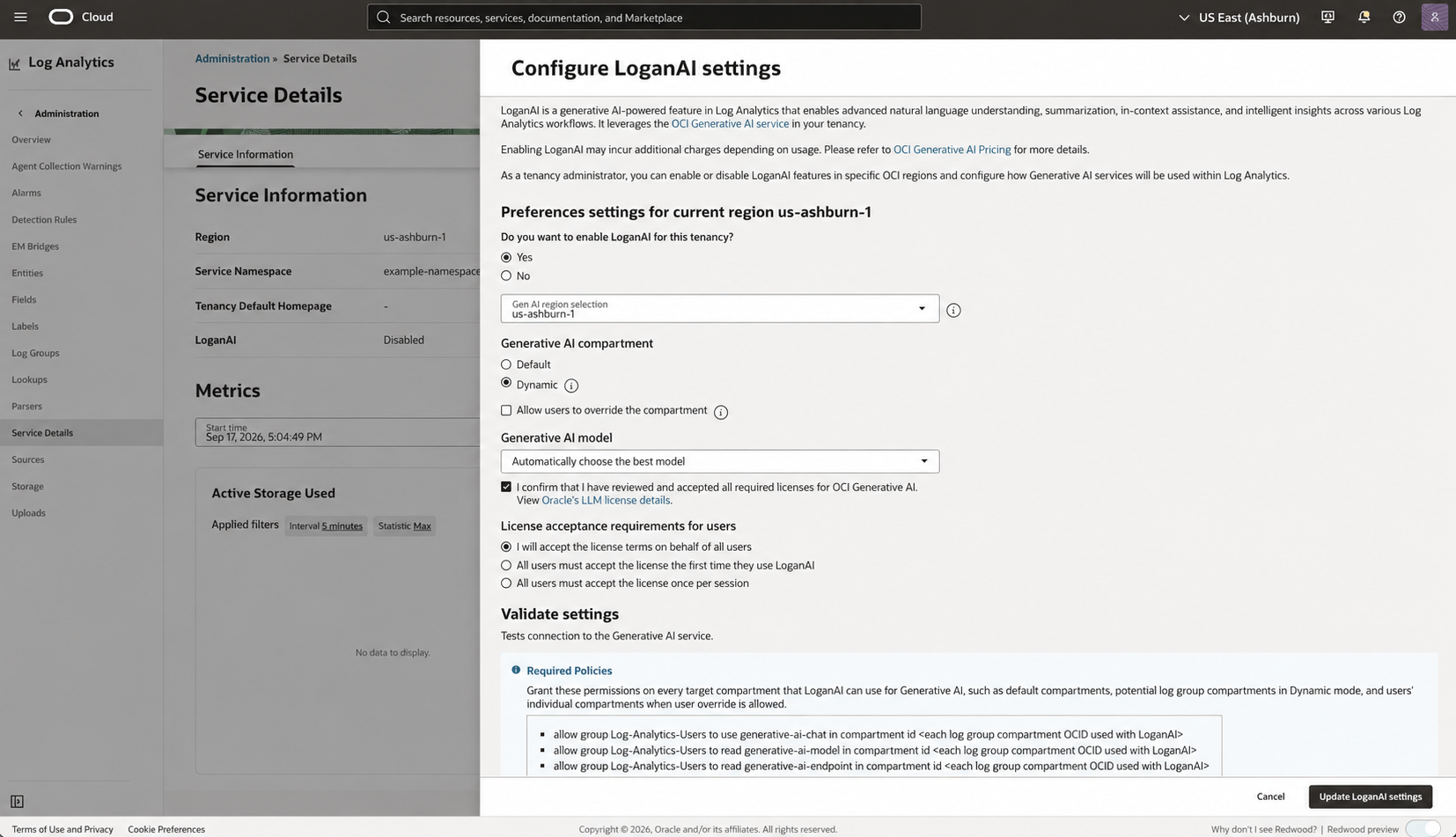 Public-safe Configure LoganAI settings dialog showing regional, compartment, model, license, and IAM choices.