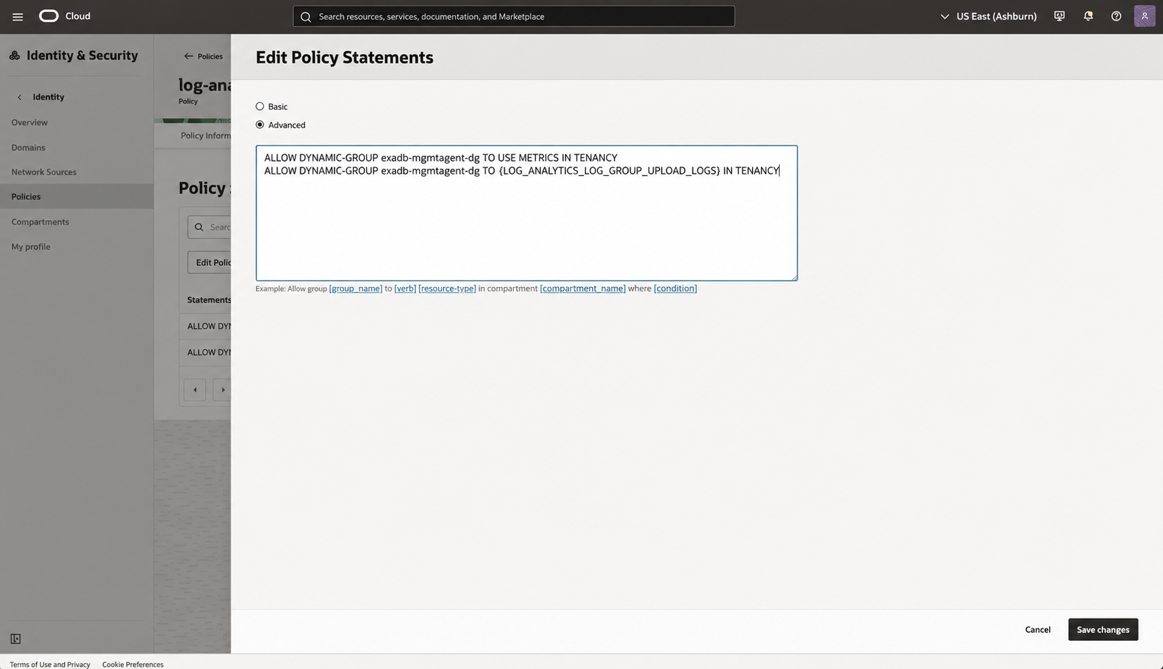 Public-safe OCI IAM policy editor showing only the Management Agent continuous log collection permissions.