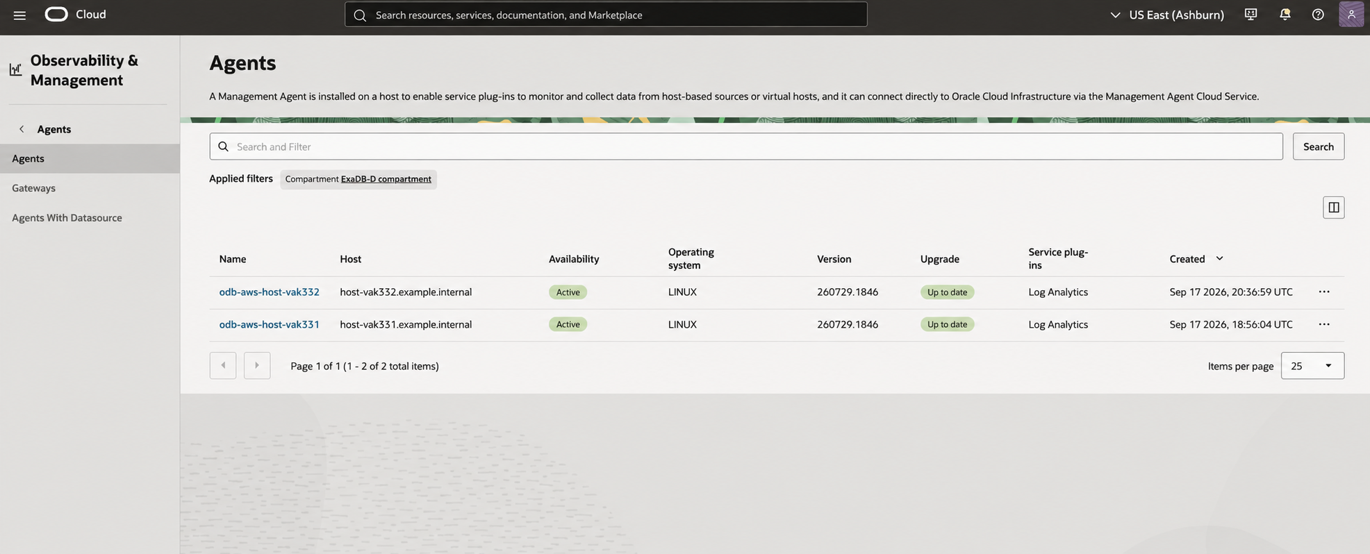 Public-safe OCI Management Agent Cloud Service view showing two active Oracle Database@AWS ExaDB-D database-node agents with the Log Analytics plug-in.
