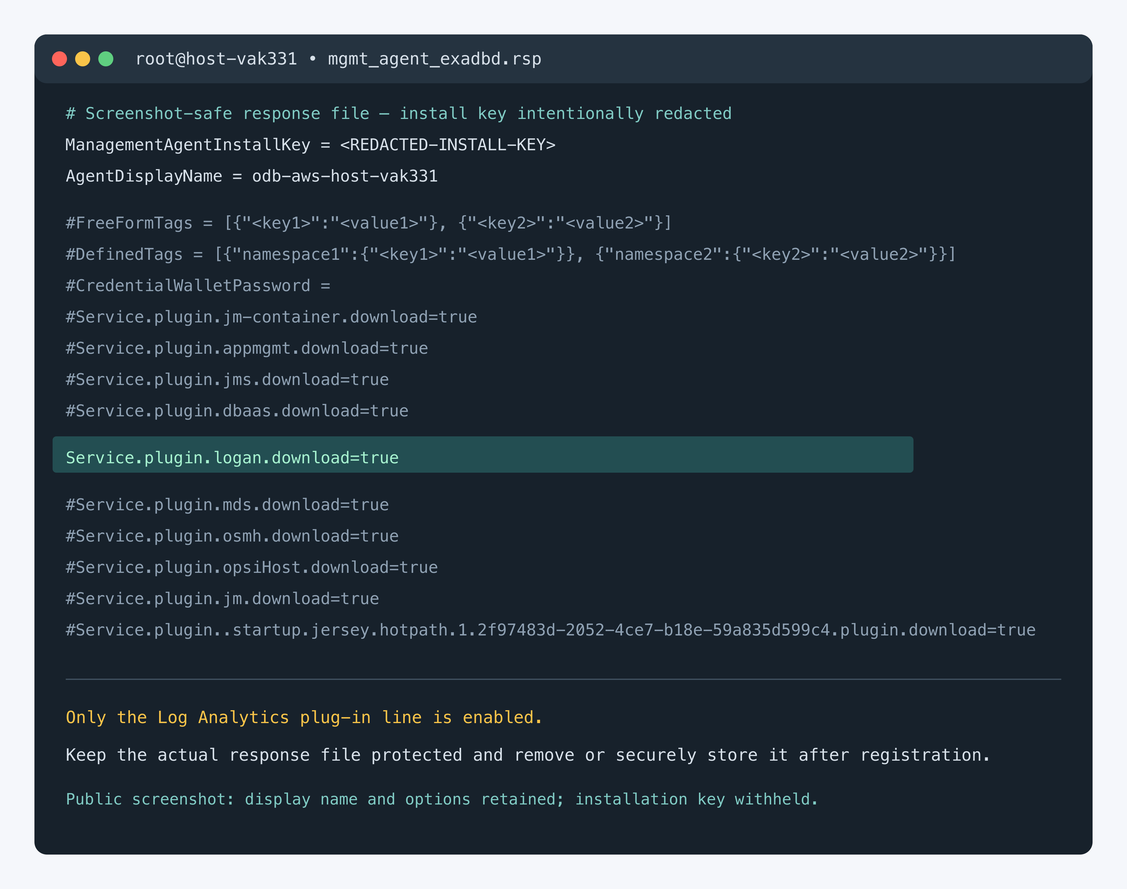 Screenshot-safe Management Agent response file for the Oracle Database@AWS ExaDB-D guest VM.