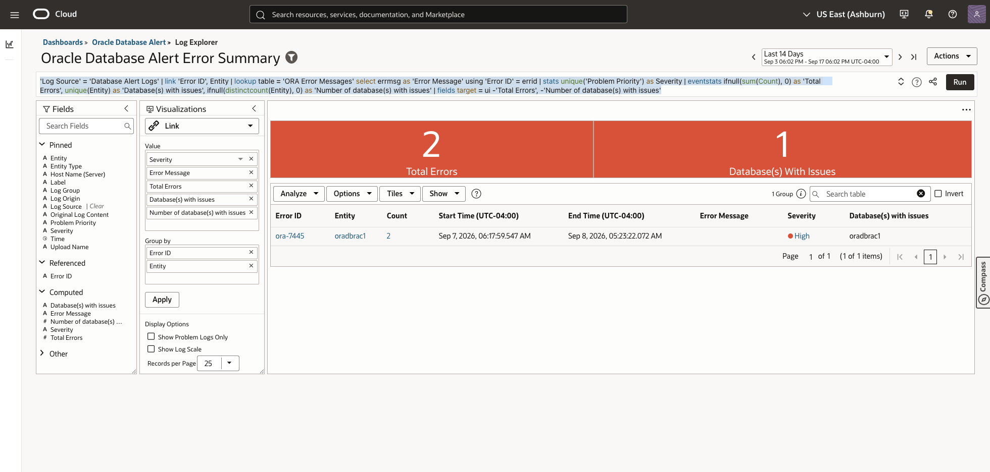 Oracle Database Alert Error Summary saved search showing an ORA-7445 group, two records, and one database with issues.
