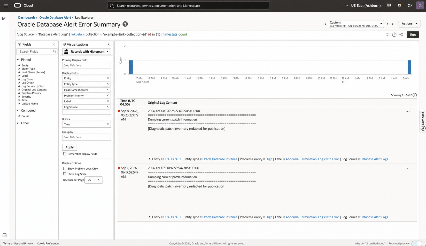 Public-safe Log Explorer drilldown showing the two records linked to the ORA-7445 error-summary group.