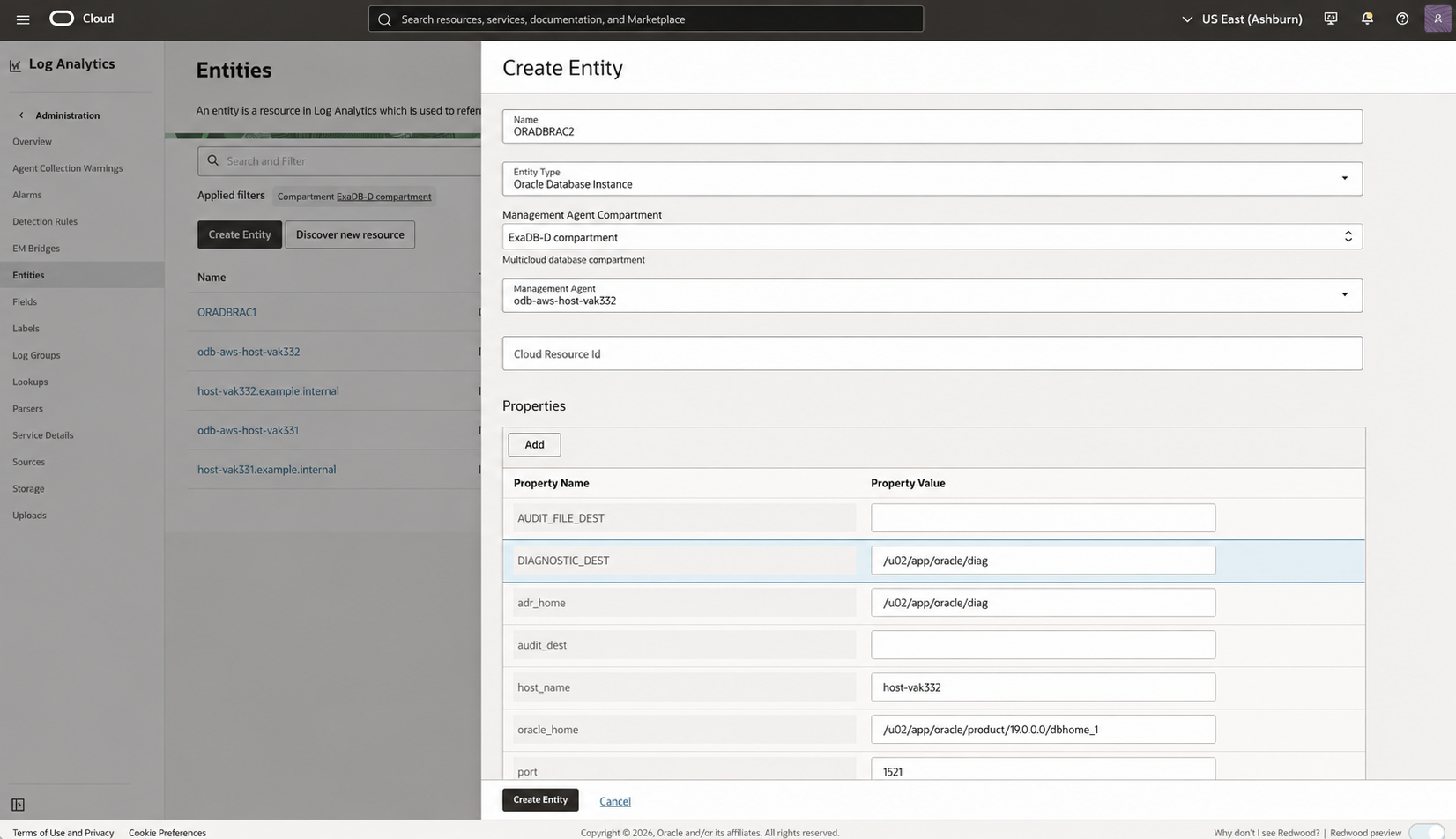 Public-safe OCI Log Analytics Create Entity view for the ORADBRAC2 Oracle Database Instance and its node-specific Management Agent properties.