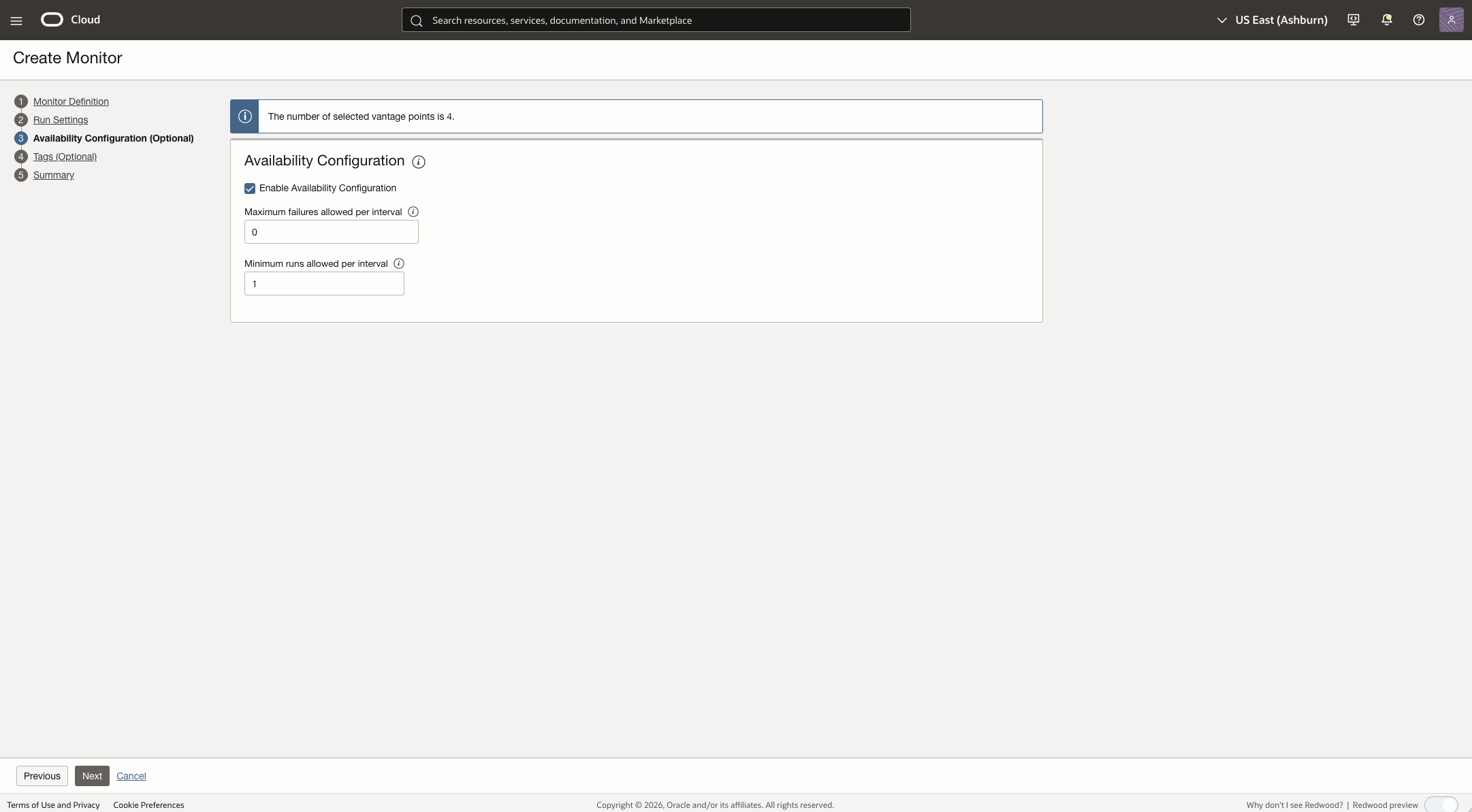 Availability Configuration page enabled with zero failures allowed and one minimum run per interval.