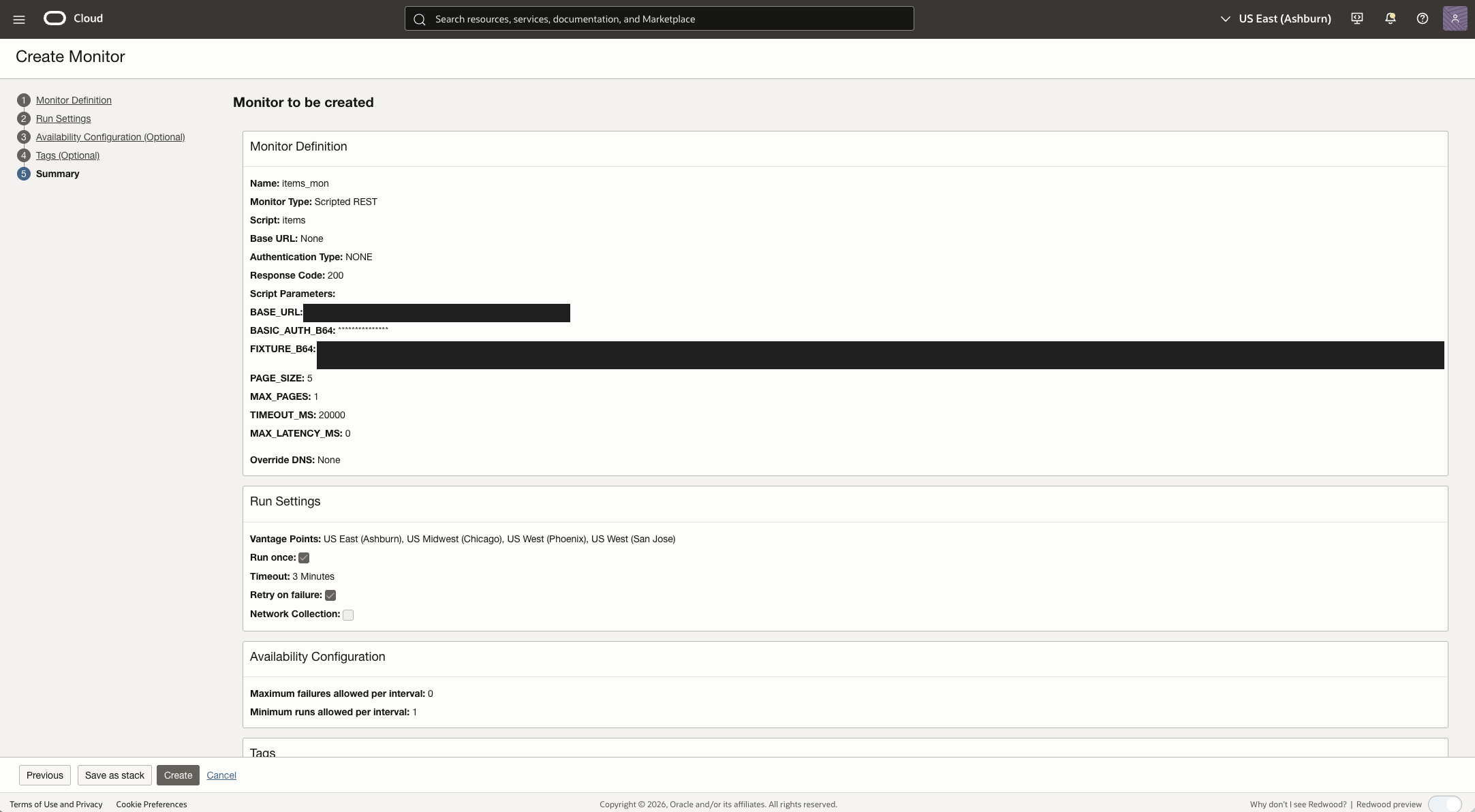 Historical Create Monitor summary showing the selected items script and an empty monitor-level Base URL; the current setup should show the Fusion origin in that field.