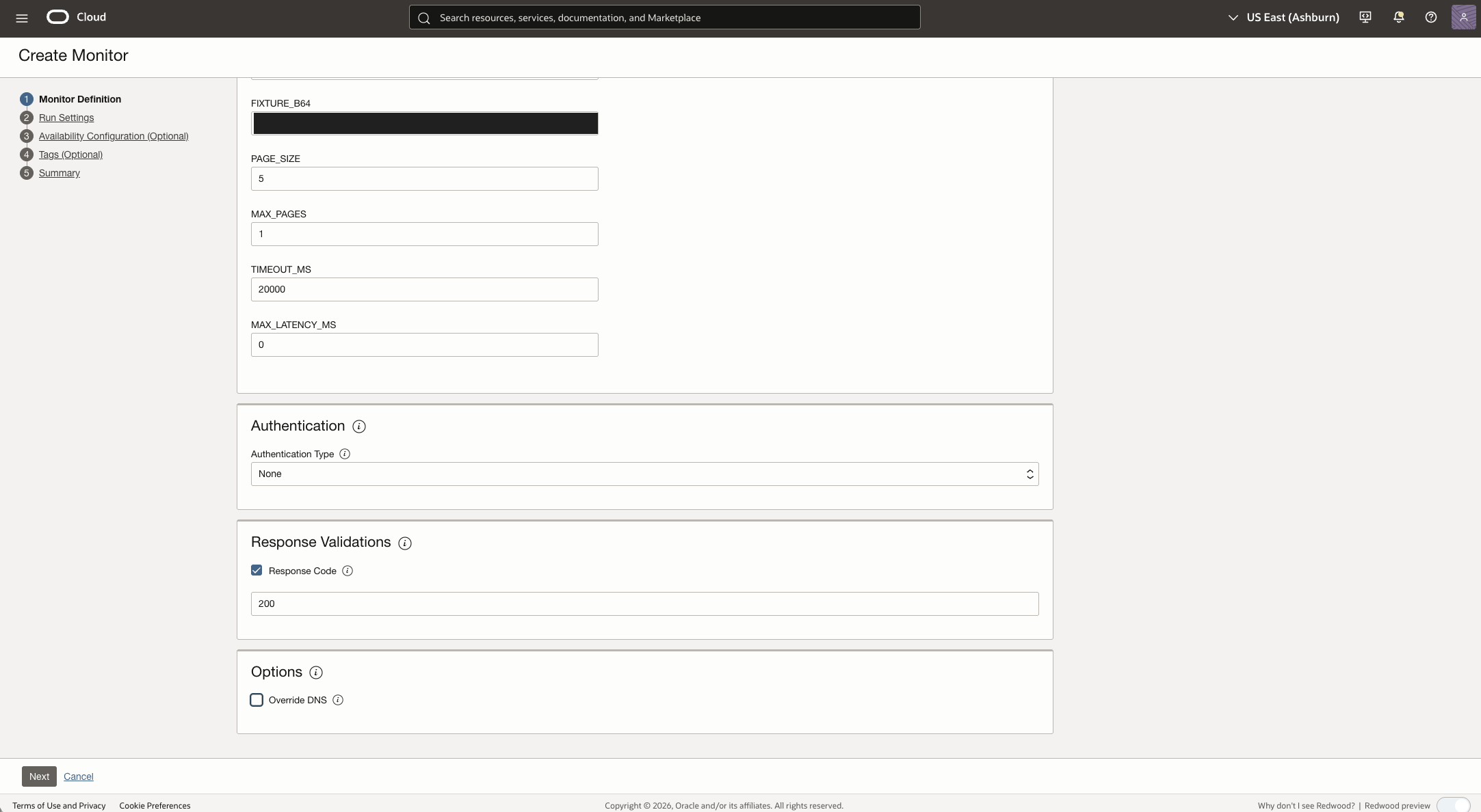 Lower portion of Monitor Definition showing Authentication None, response code 200, and Override DNS unchecked.