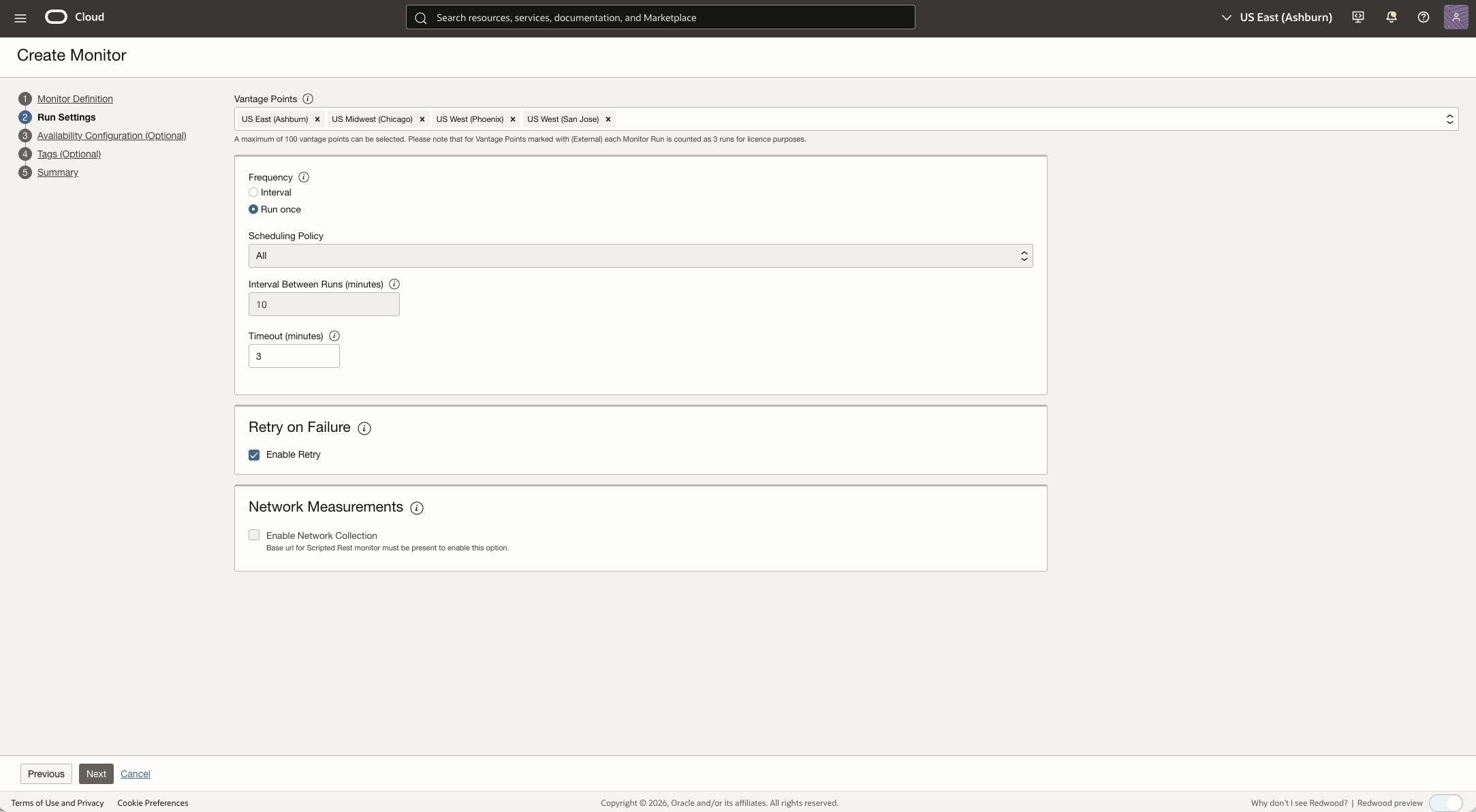 APM run settings showing selected vantage points and Network Collection unchecked.