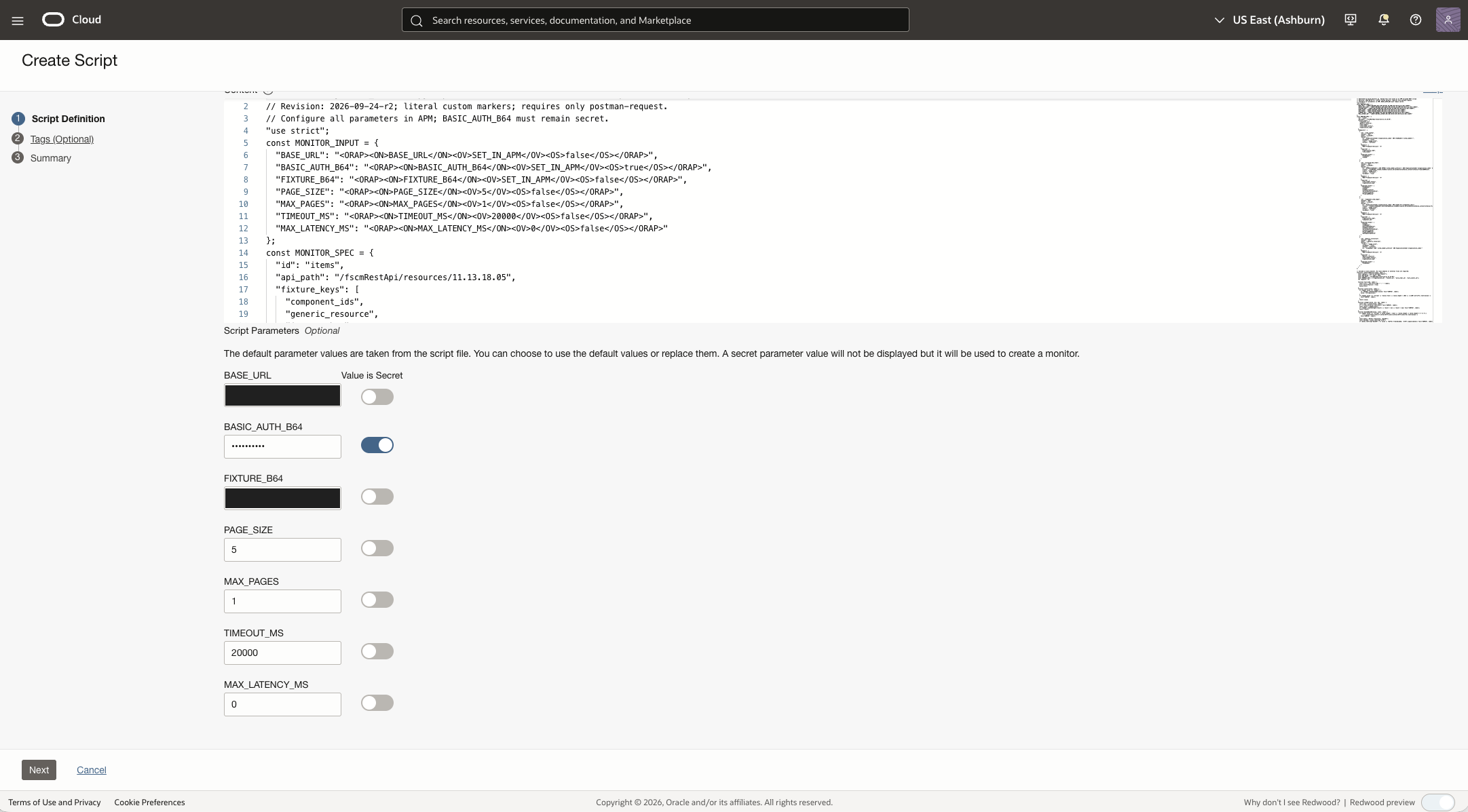 Create Script parameters with the authentication parameter marked secret and environment-specific values redacted.