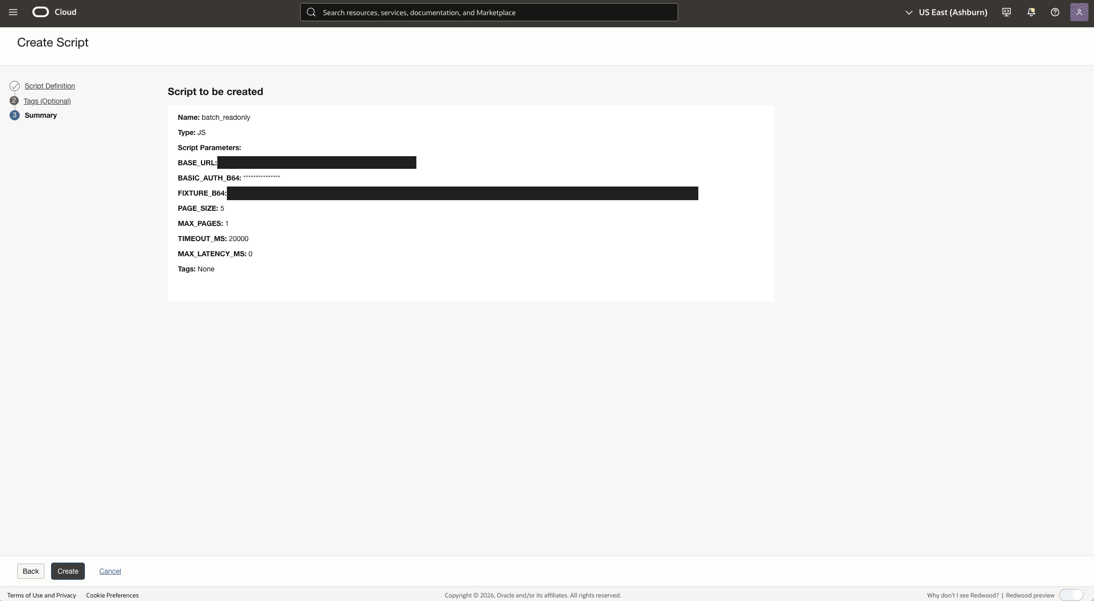 Create Script summary for the read-only batch JavaScript file with environment-specific values redacted.