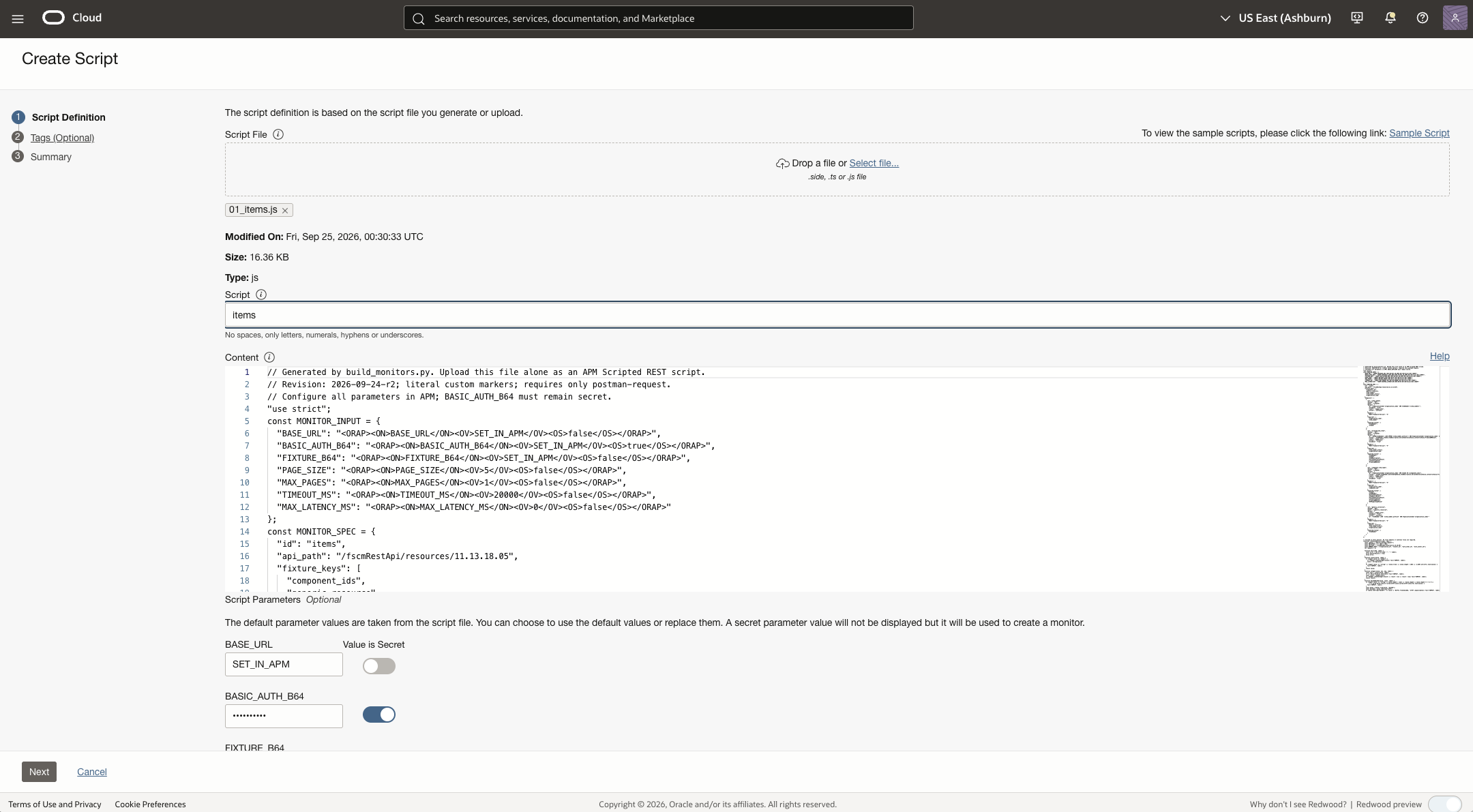 Create Script page with the items JavaScript file uploaded and its content displayed.