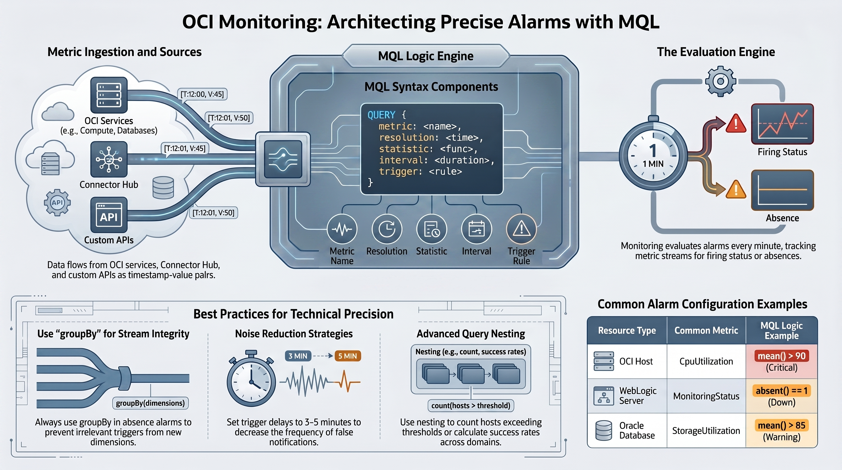 Deep Dive into OCI Observability and Management Monitoring Query Language in OCI Alarms — infographic overview