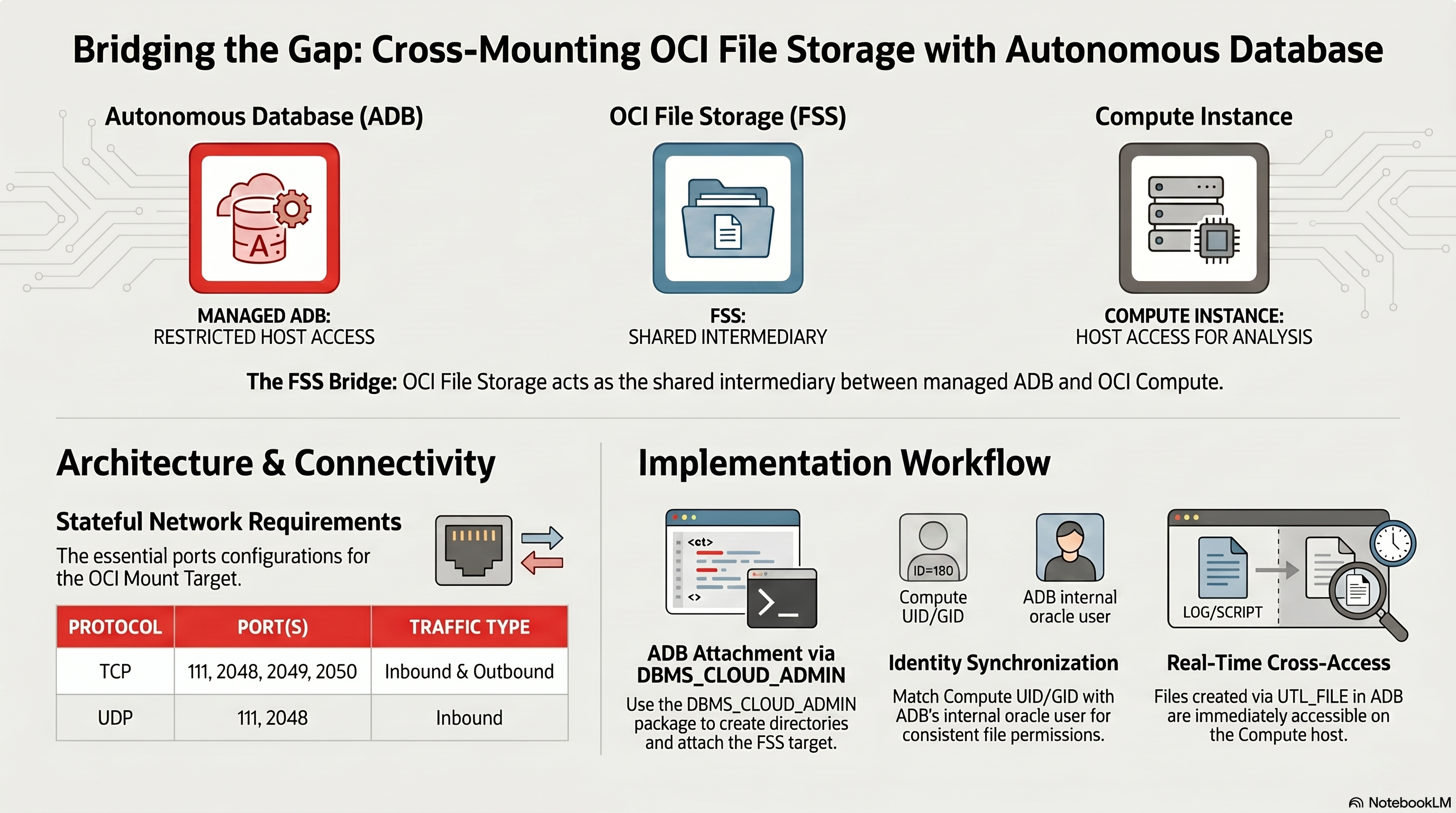 Mount Oracle Filesytem service mount target in Autonomous Database and OCI compute instance — infographic overview