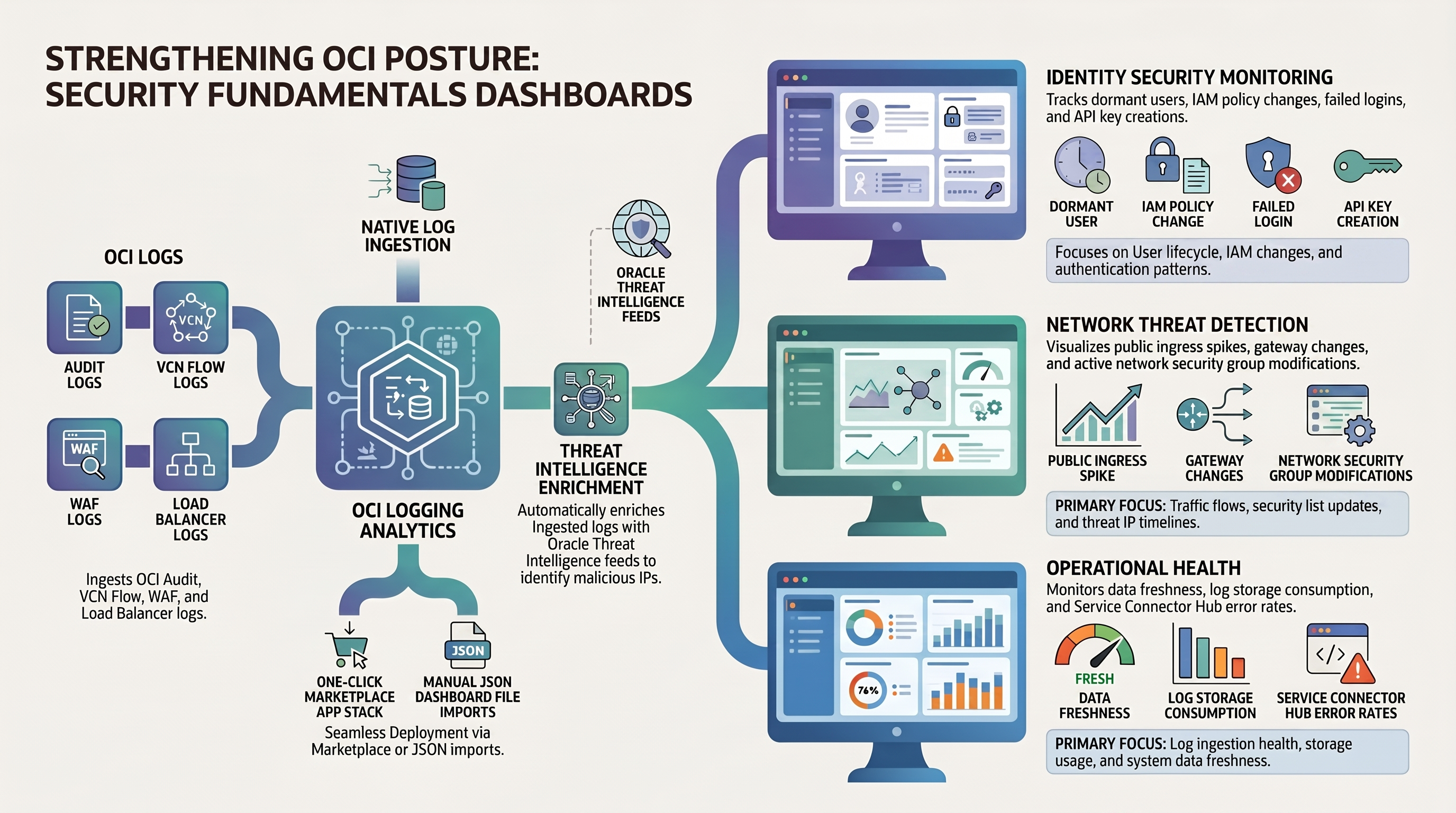 Oracle Cloud Infrastructure Security Fundamentals Dashboards using OCI Logging Analytics — infographic overview