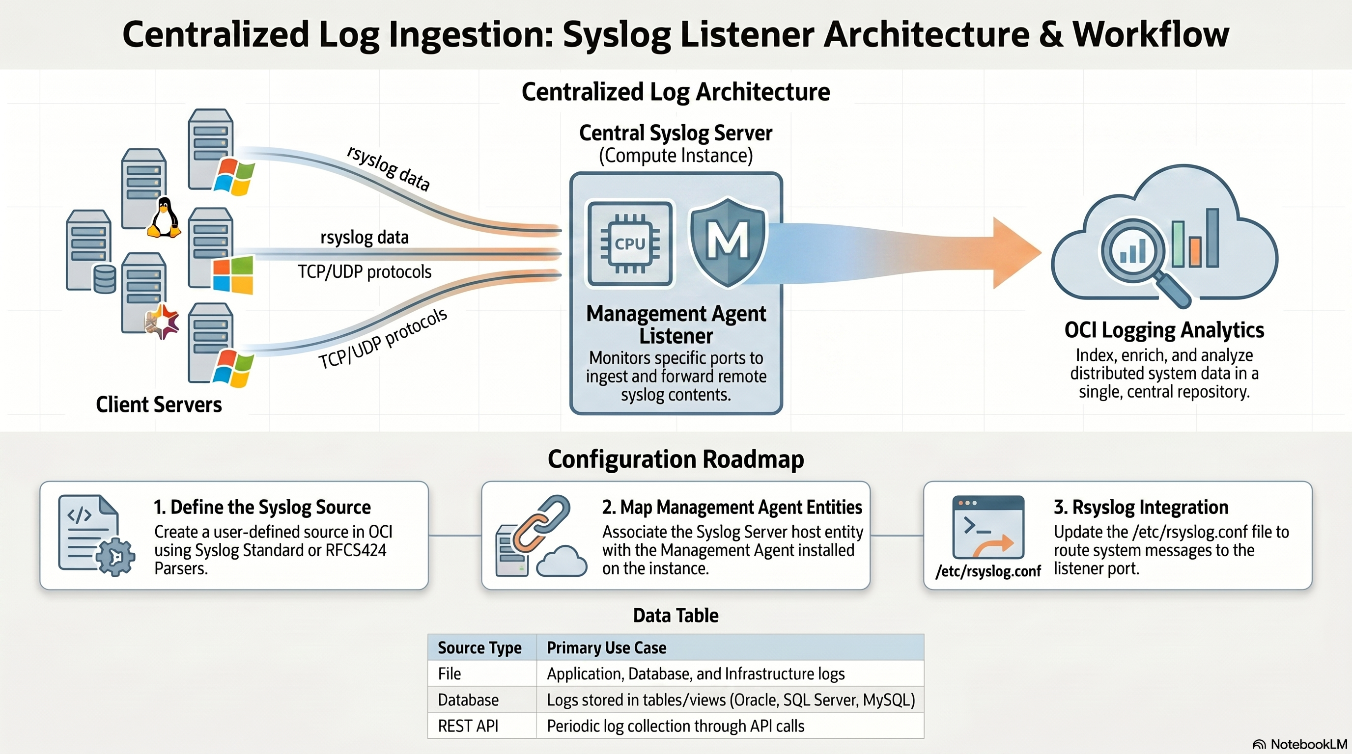 Use Oracle Management Agent to forward logs to Logging Analytics via syslog listener — infographic overview